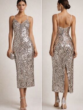 ZARA Sequin Midi Dress Women Small Silver Champagne Bodycon Slip Party Cocktail